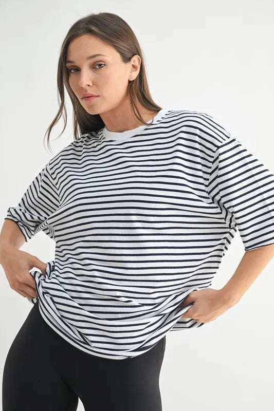 MONO B Coastal Cotton Striped Oversized Crewneck T-Shirt