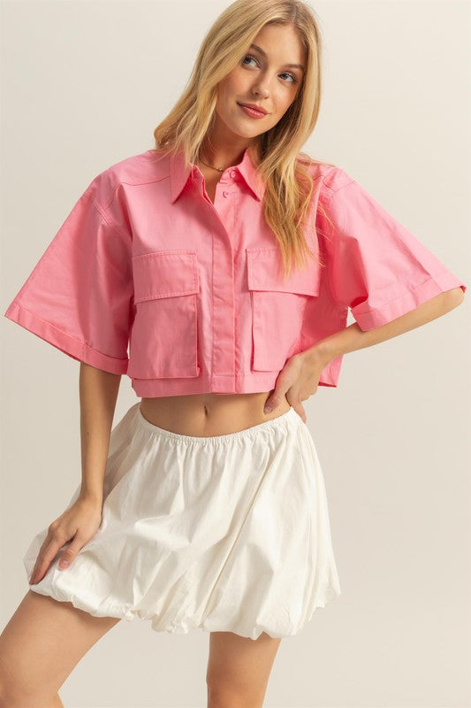 HYFVE Front Pockets Poplin Collared Neck Crop Shirt - Clothes For Her Online Store