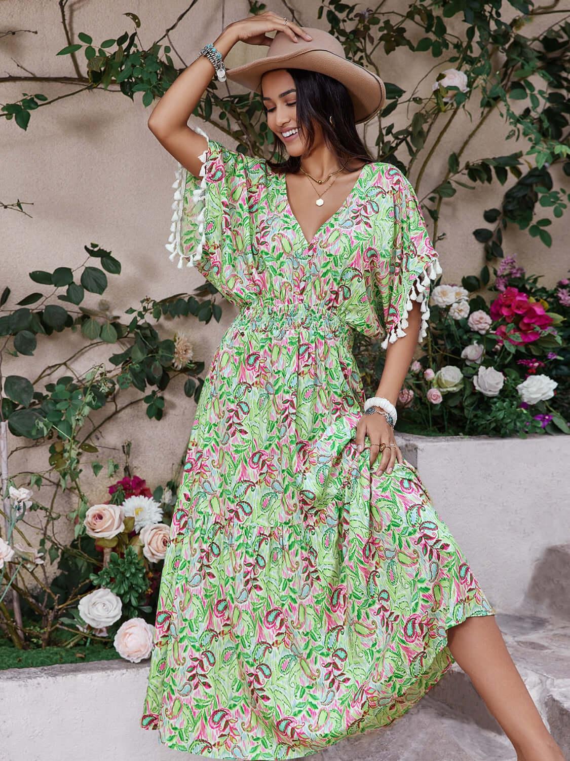Smocked Floral V-Neck Short Sleeve Dress - Clothes For Her Online Store