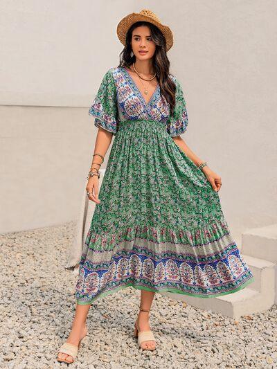 Ruched Printed Flounce Sleeve Midi Dress