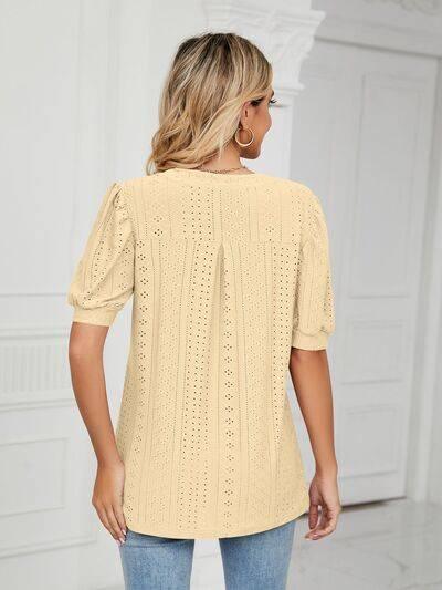 Florira Eyelet Notched Short Sleeve T-Shirt