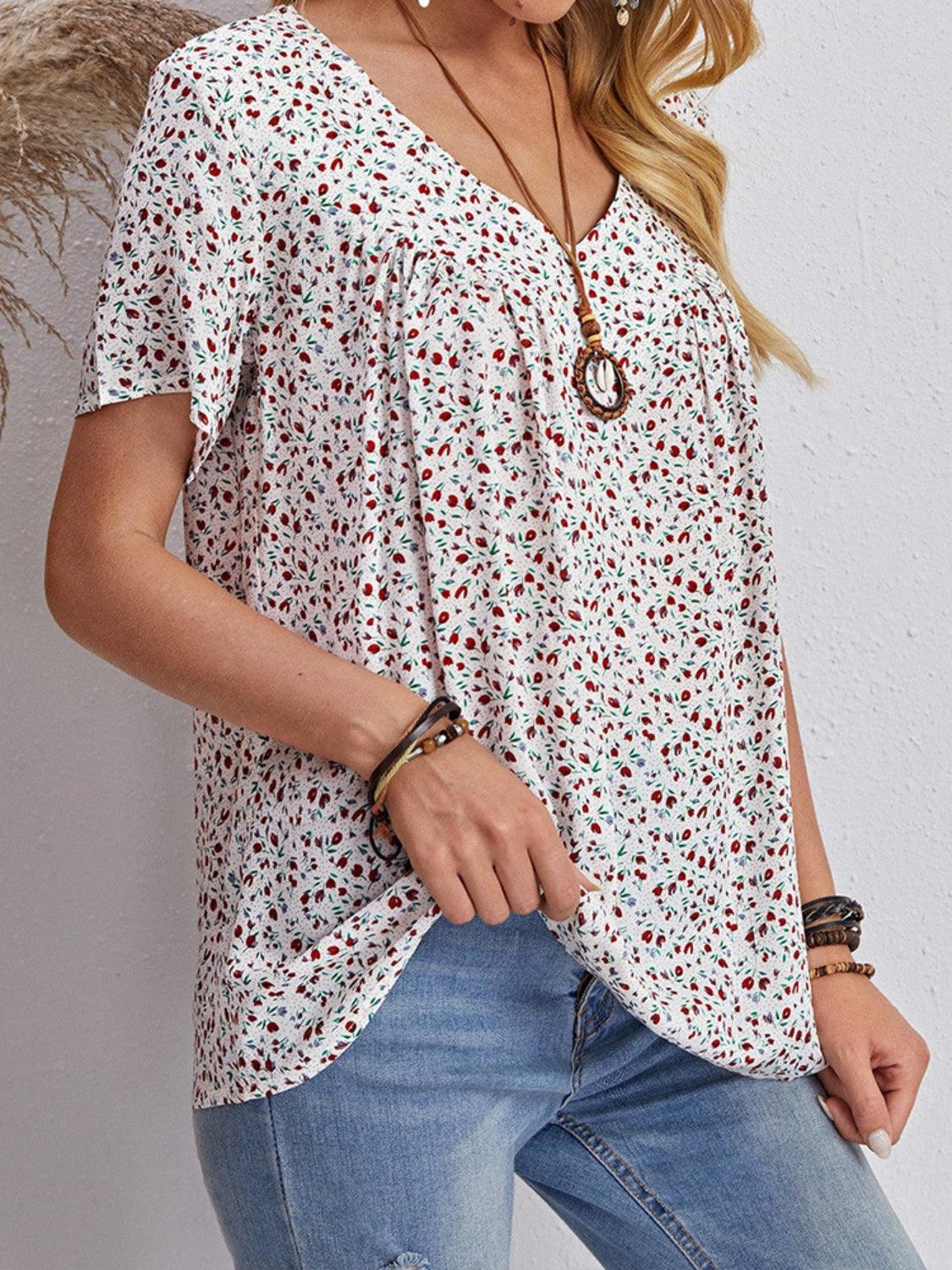 Floral V-Neck Short Sleeve T-Shirt