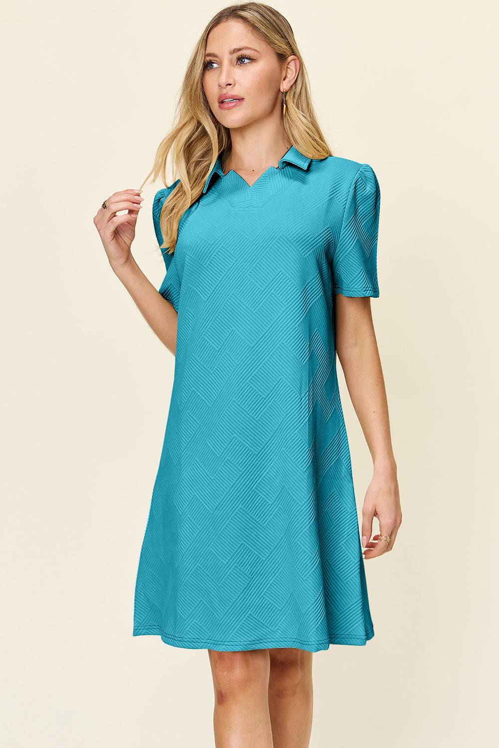 Double Take Full Size Texture Collared Neck Short Sleeve Dress - Clothes For Her Online Store
