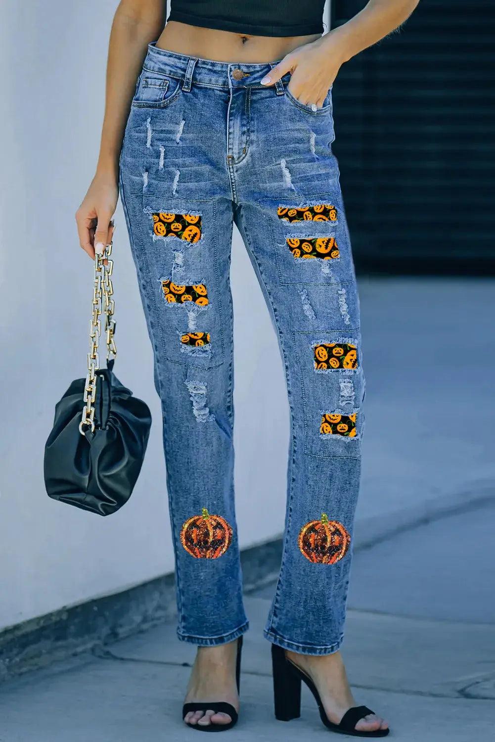 Pumpkin Distressed Straight Jeans - Clothes For Her Online Store