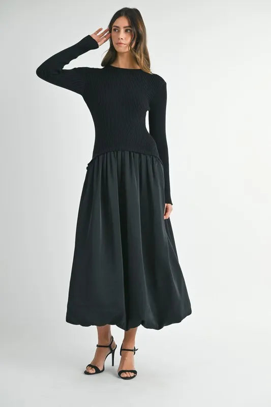 MABLE Ribbed Poplin Mix Midi Sweater Dress