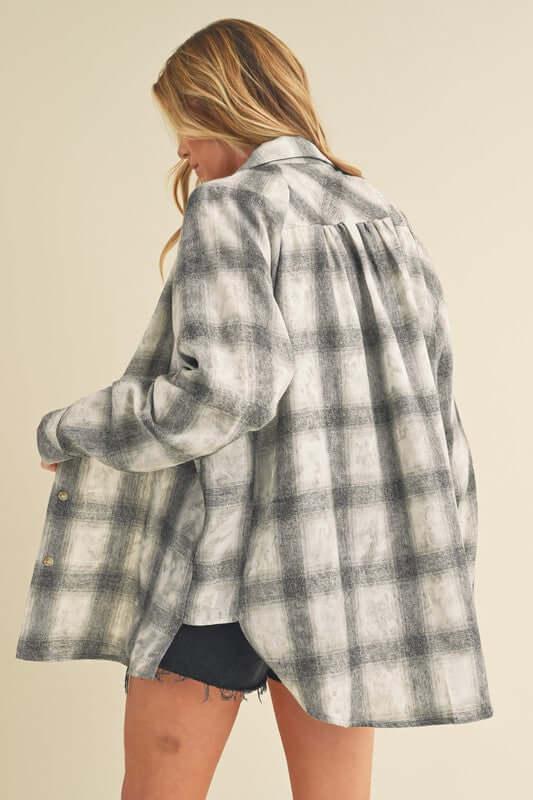 Aemi + Co Washed Plaid Flannel Side Step Hem Shirt