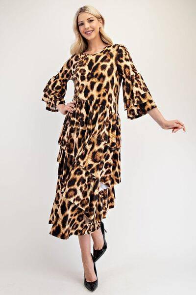 Celeste Full Size Leopard Asymmetrical Ruffle Midi Dress Plus Size - Clothes For Her Online Store
