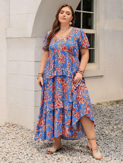 Plus Size Ruffled Printed V-Neck Short Sleeve Maxi Dress - Clothes For Her Online Store