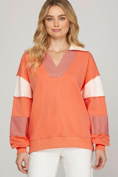 She + Sky Full Size Color Block Sleeve Johnny Collar French Terry Sweatshirt Plus Size