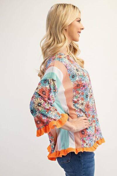 Celeste Full Size Ruffle Sleeve Floral Color Block Top Plus Size