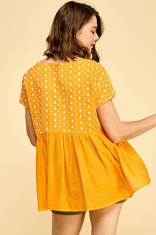 Lime 'N' Chili Embroidered Short Sleeve Pleated Babydoll Top