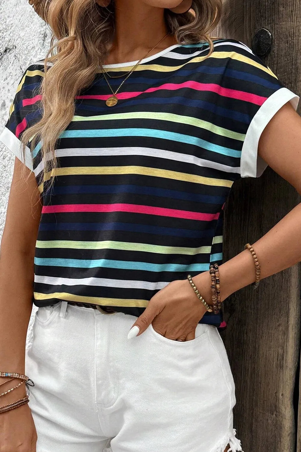 Colorful Striped Short Sleeve Casual T-Shirt