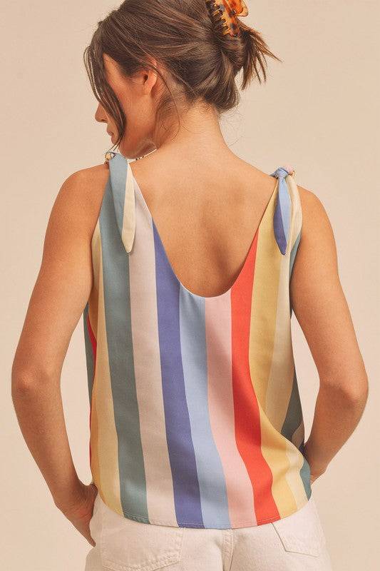 Aemi + Co Contrast Striped Scoop Neck Tie Shoulder Tank - Clothes For Her Online Store
