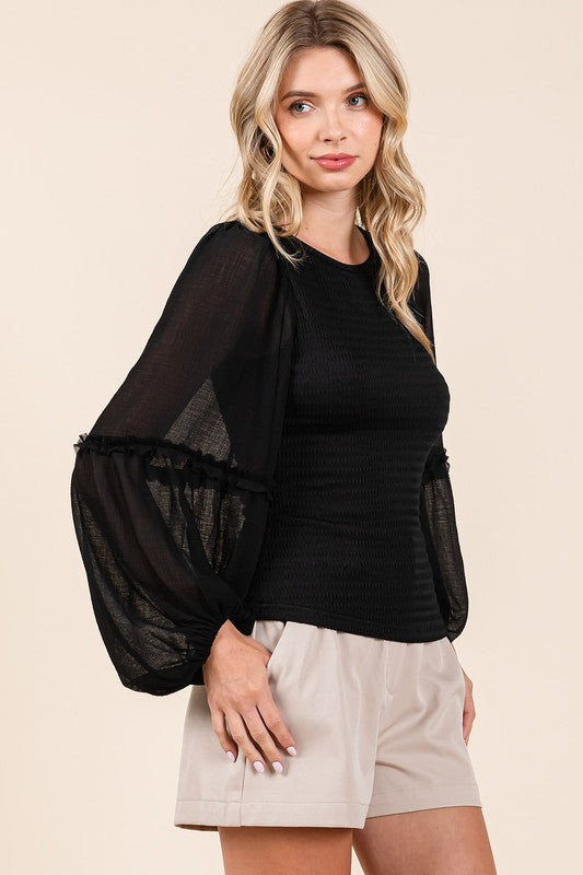 Mittoshop Mixed Media Textured Knit Chiffon Long Sleeve Top - Clothes For Her Online Store