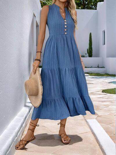 Perfee Decorative Button Notched Sleeveless Tiered Dress - Clothes For Her Online Store