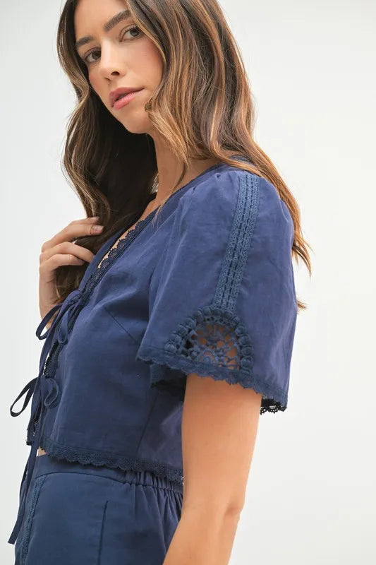 MABLE Crochet Lace Detail Crop Top and Shorts Set - Clothes For Her Online Store