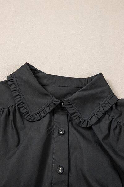 Button Down Puff Sleeve Ruffle Hem Dress