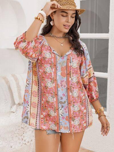 Plus Size Printed Tie Neck Balloon Sleeve Blouse - Clothes For Her Online Store