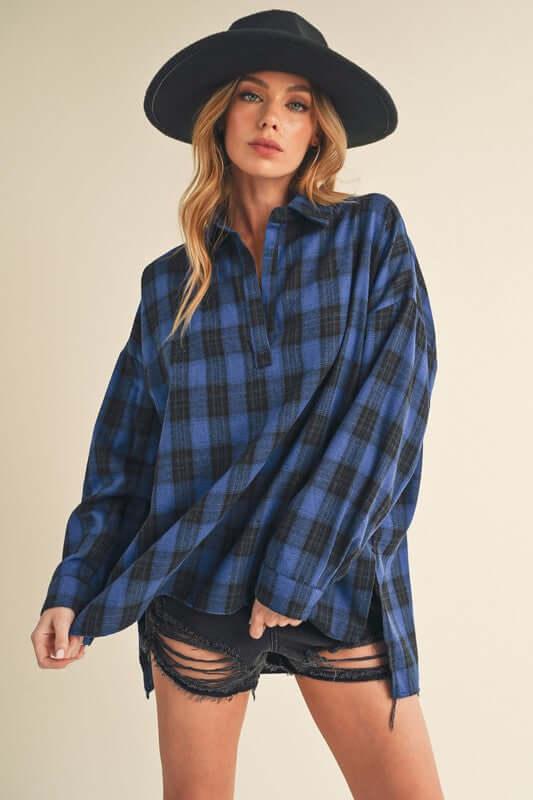 Aemi + Co Side Slit High-Low Plaid Long Sleeve Polo Shirt