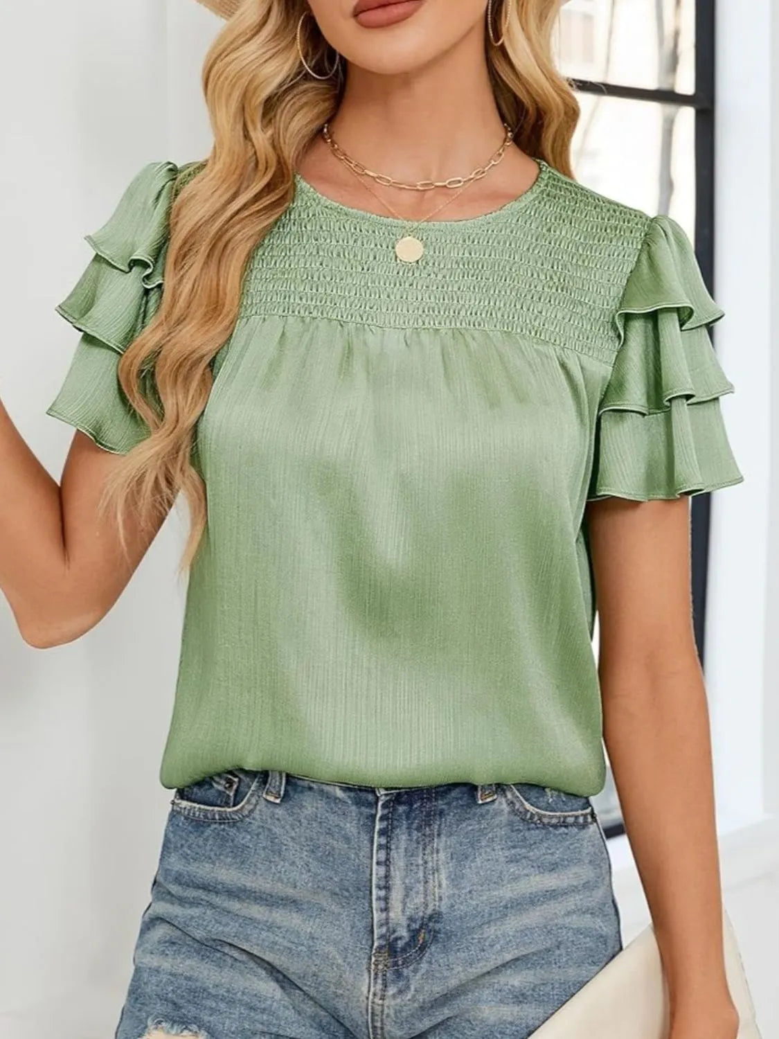 Smocked Round Neck Ruffled Layered Sleeve Blouse