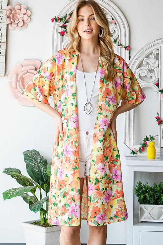 Heimish Full Size Half Sleeve Multi Color Floral Open Cardigan Plus Size