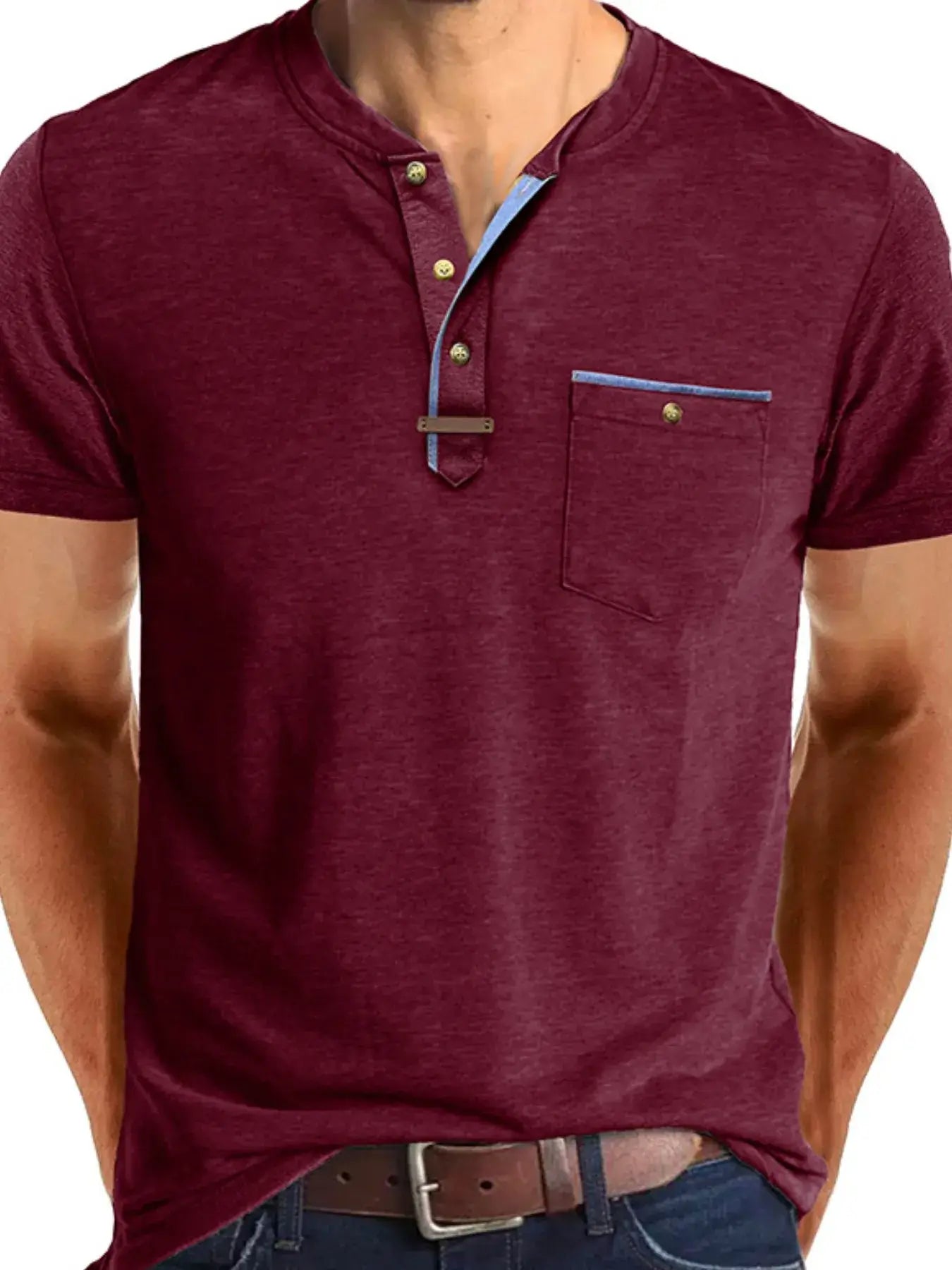 Men's Full Size Short Sleeve Henley Polo with Contrast Trim Plus Size
