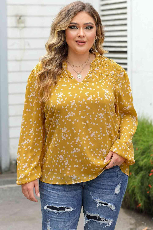 Plus Size Notched Neck Smocked Blouse - Clothes For Her Online Store
