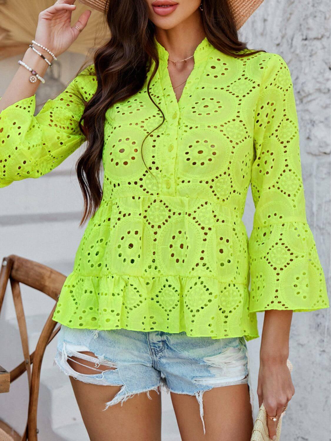 Devine Half Button Flounce Sleeve Peplum Blouse