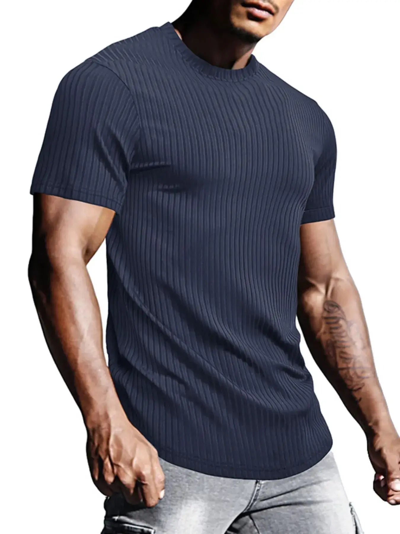Men's Full Size Ribbed Knit Short Sleeve Round Neck T-Shirt Plus Size