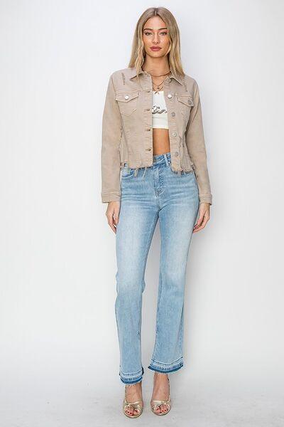 RISEN Full Size Raw Hem Button Up Cropped Denim Jacket Plus Size - Clothes For Her Online Store