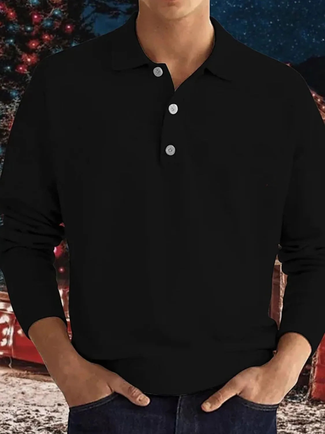Men's Full Size Button Detail Long Sleeve Polo Plus Size