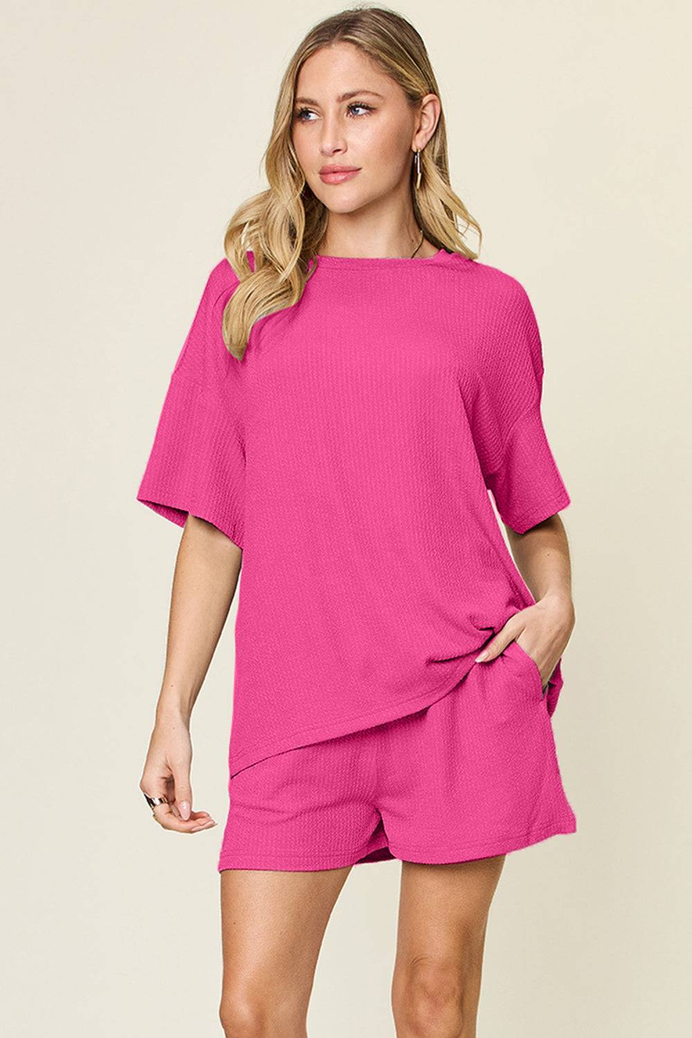 Double Take Basic style Round Neck Solid Set - Clothes For Her Online Store