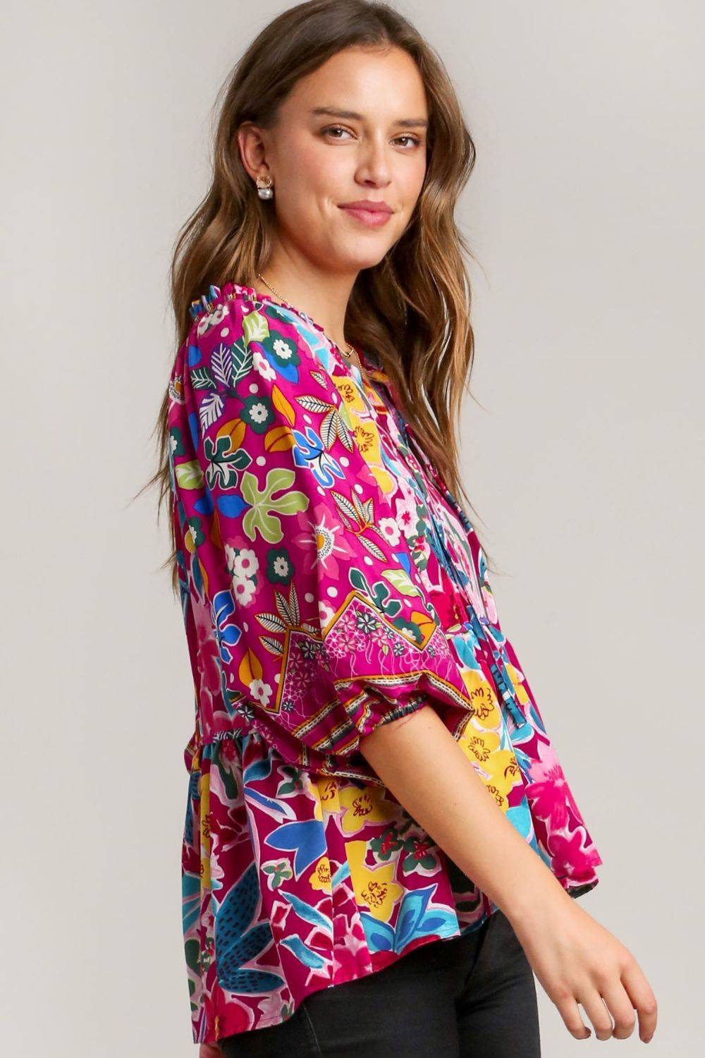 Umgee Full Size Floral Print Tie Neck Peplum Blouse Plus Size - Clothes For Her Online Store