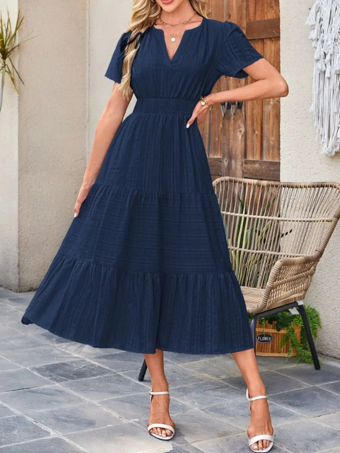 Tiered Notched Short Sleeve Dress - Clothes For Her Online Store