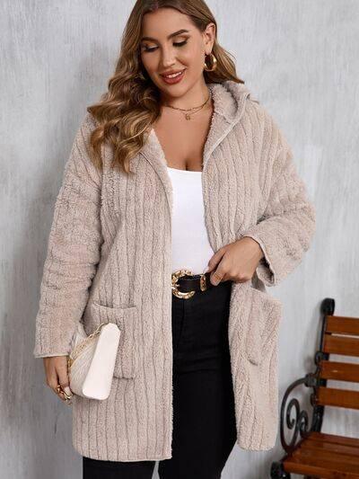 Plus Size Open Front Long Sleeve Hooded Fuzzy Jacket - Clothes For Her Online Store