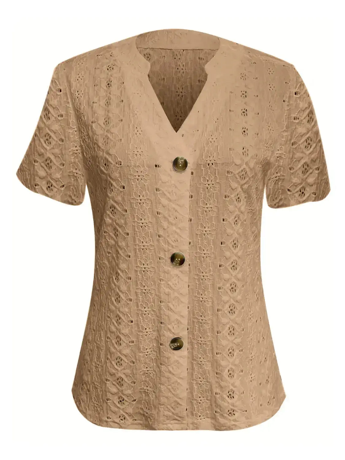 Openwork Notched Short Sleeve Top - Clothes For Her Online Store
