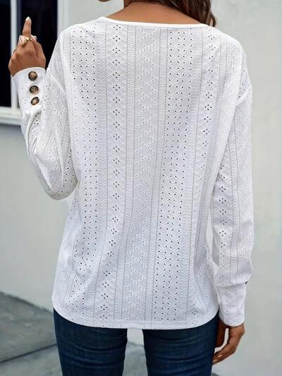 Eyelet V-Neck Long Sleeve Blouse