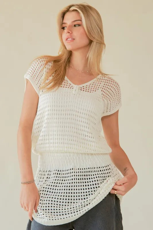 Davi & Dani V Neck Cap Sleeve Openwork Knit Cover Up