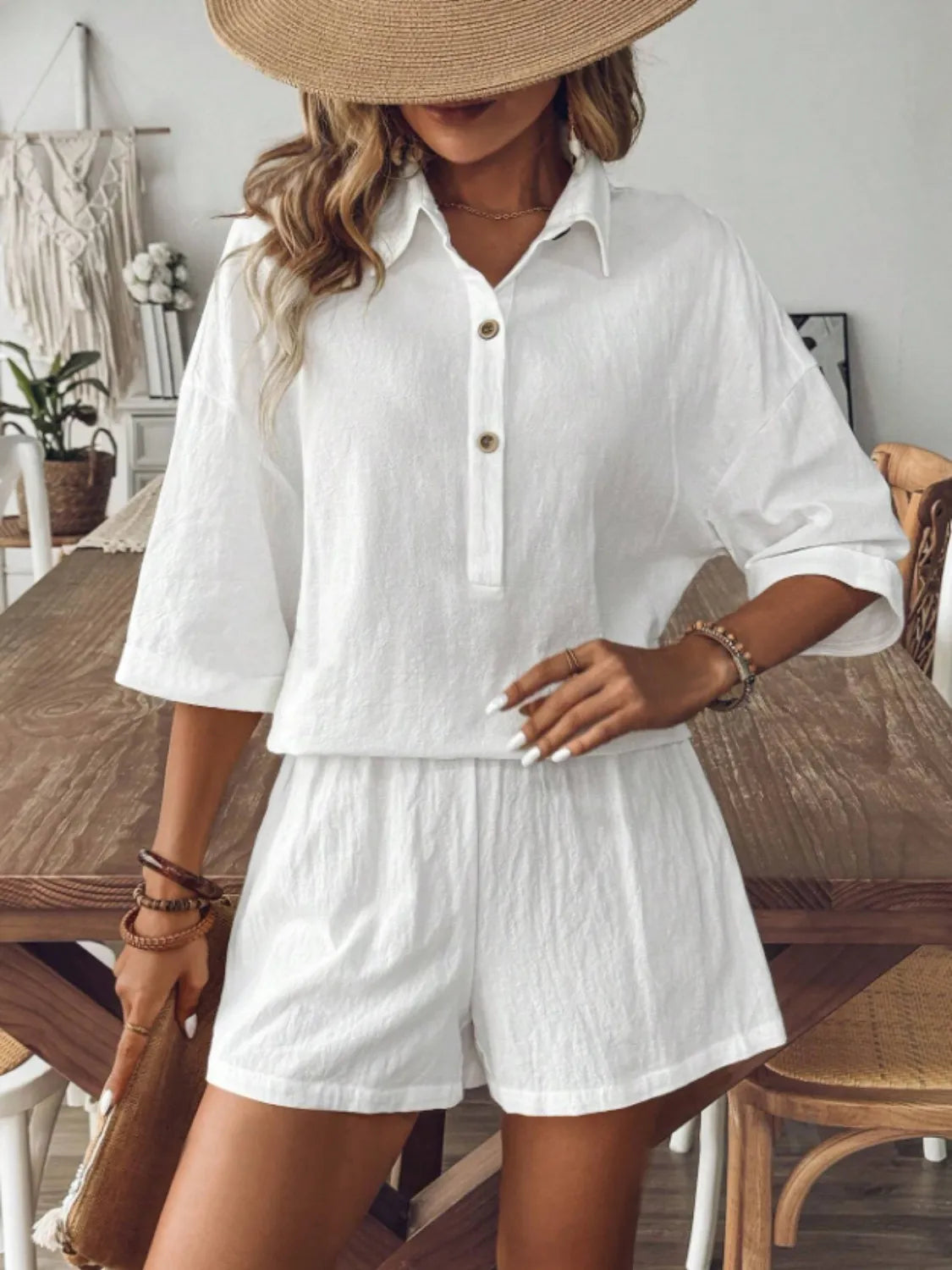 Collared Neck Half Sleeve Top and Shorts Set