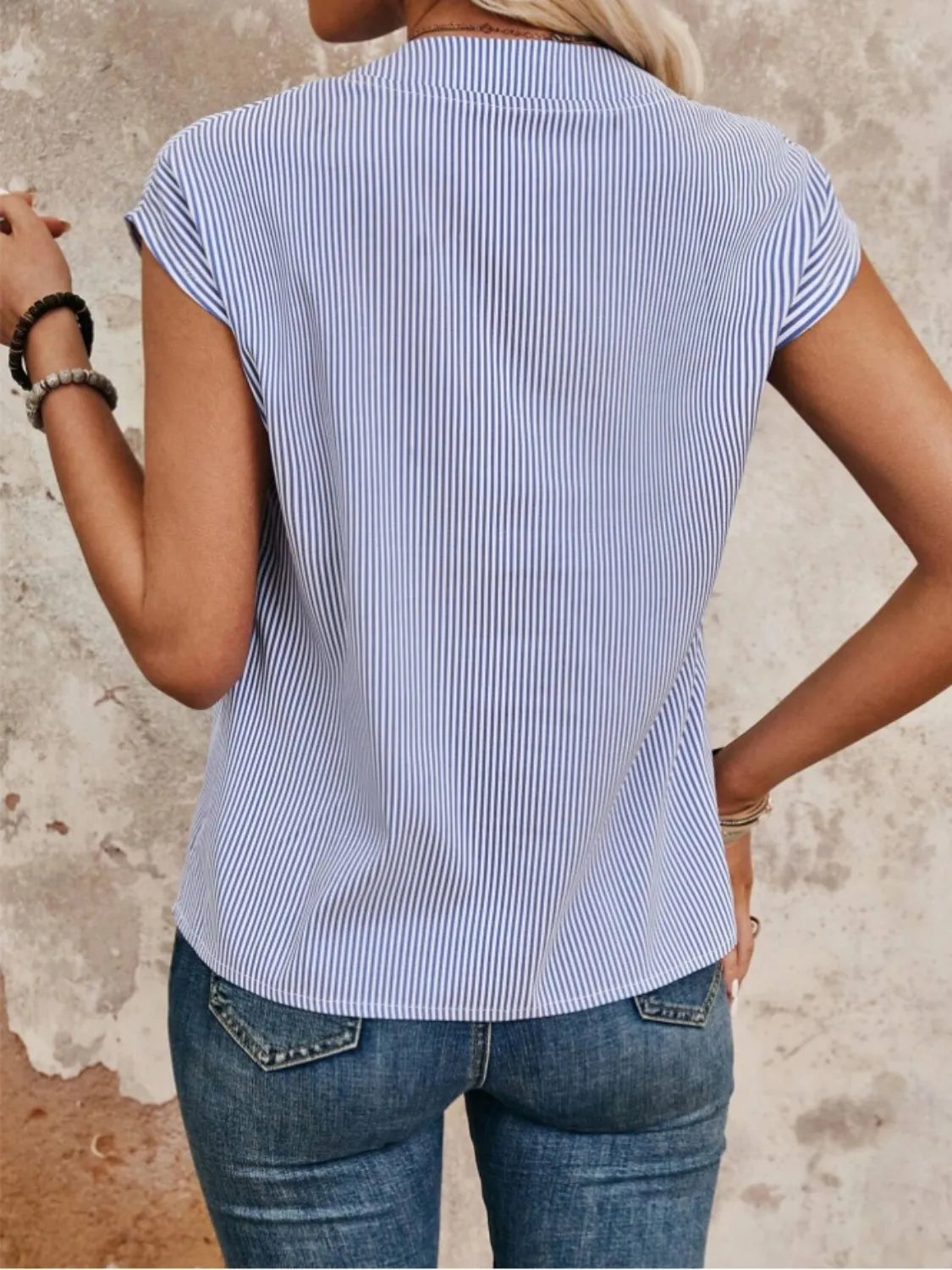 Striped Notched Cap Sleeve Blouse - Clothes For Her Online Store
