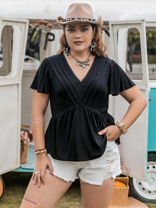 Plus Size V-Neck Flutter Sleeve Blouse - Clothes For Her Online Store