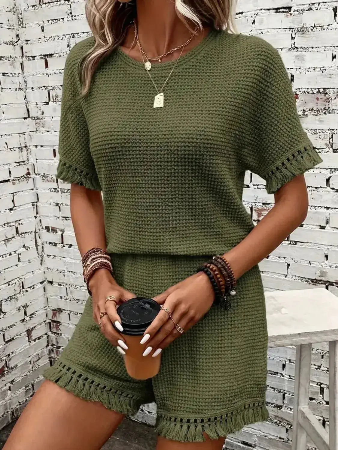 Tassel Round Neck Top and Shorts Set - Clothes For Her Online Store