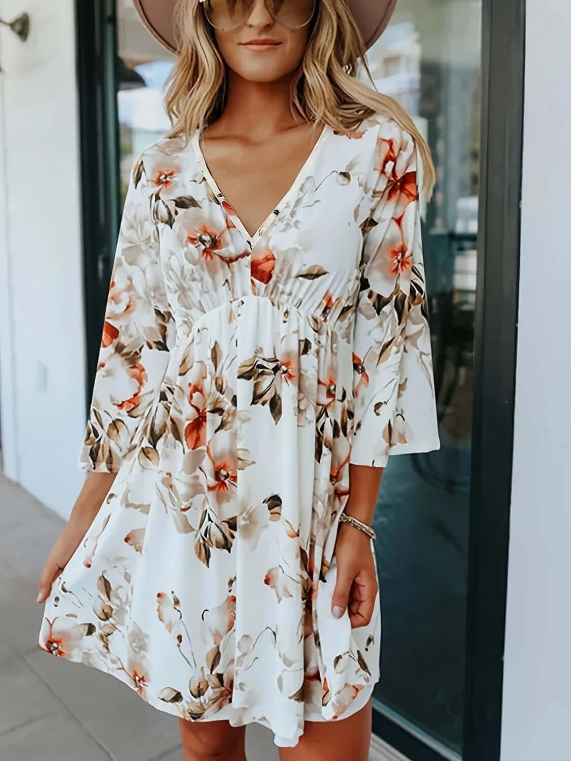 Floral V-Neck Three-Quarter Sleeve Mini Dress - Clothes For Her Online Store