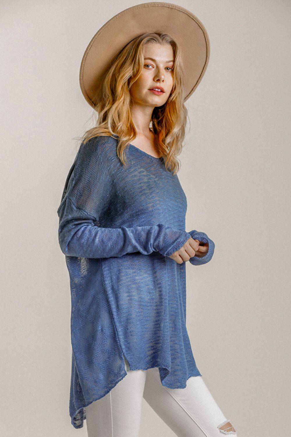 Umgee Full Size Dip Dye Loose Knit Side Slit Knit Top Plus Size - Clothes For Her Online Store