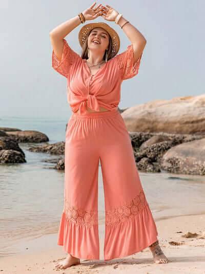 Plus Size Button Up Half Sleeve Top and Pants Set - Clothes For Her Online Store