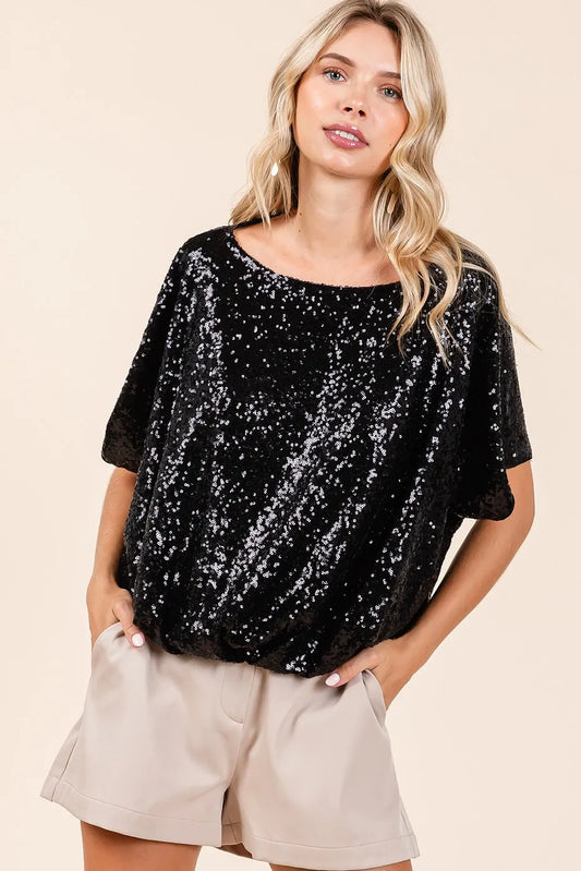 Mittoshop Sequin Short Sleeve Elastic Band Hem Top