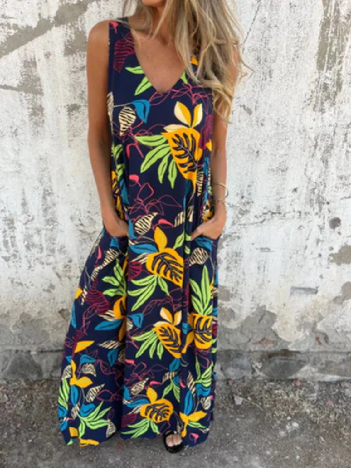 Full Size Printed V-Neck Sleeveless Dress Plus Size