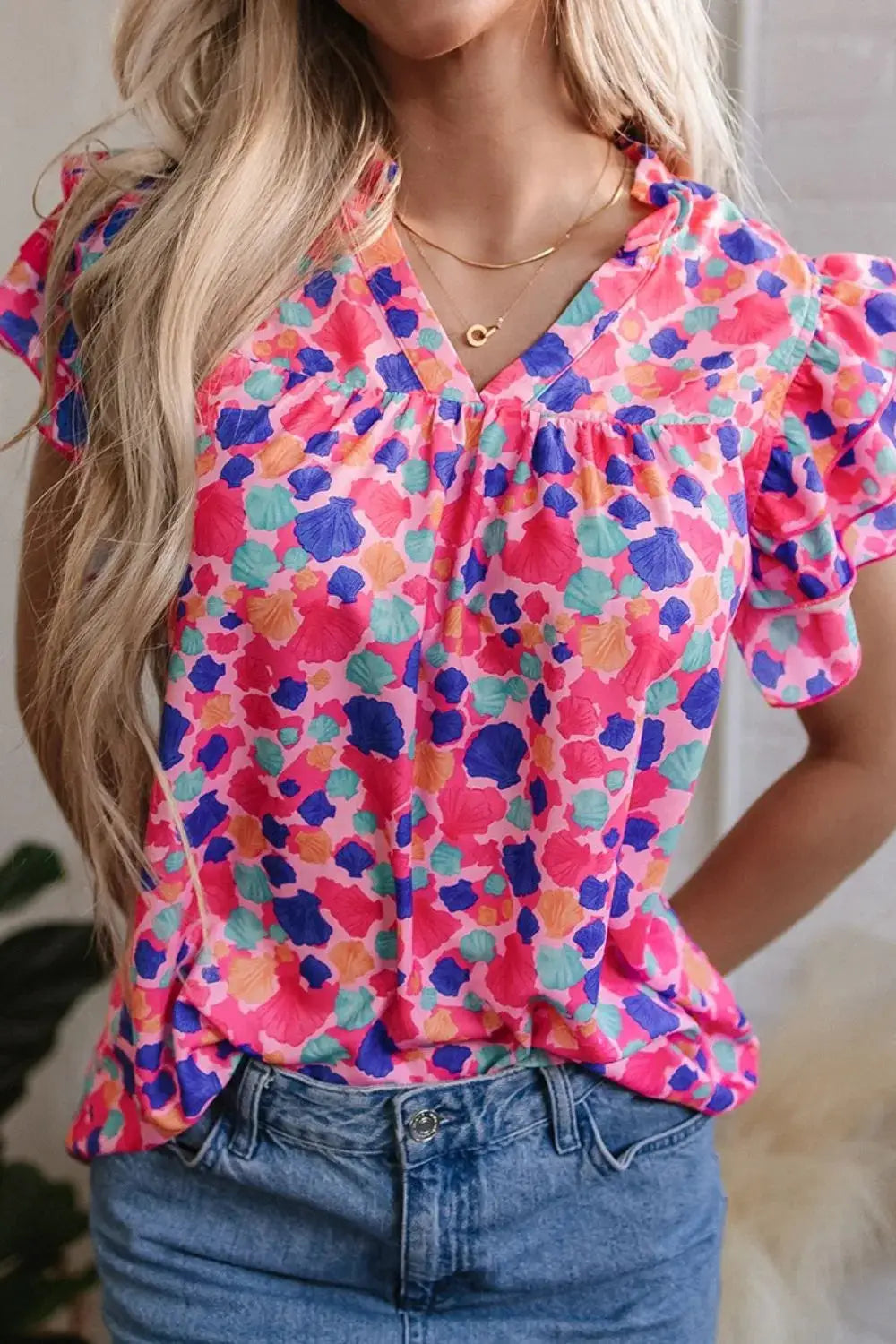 Abstract Print Ruffled Sleeve Notched Blouse - Clothes For Her Online Store