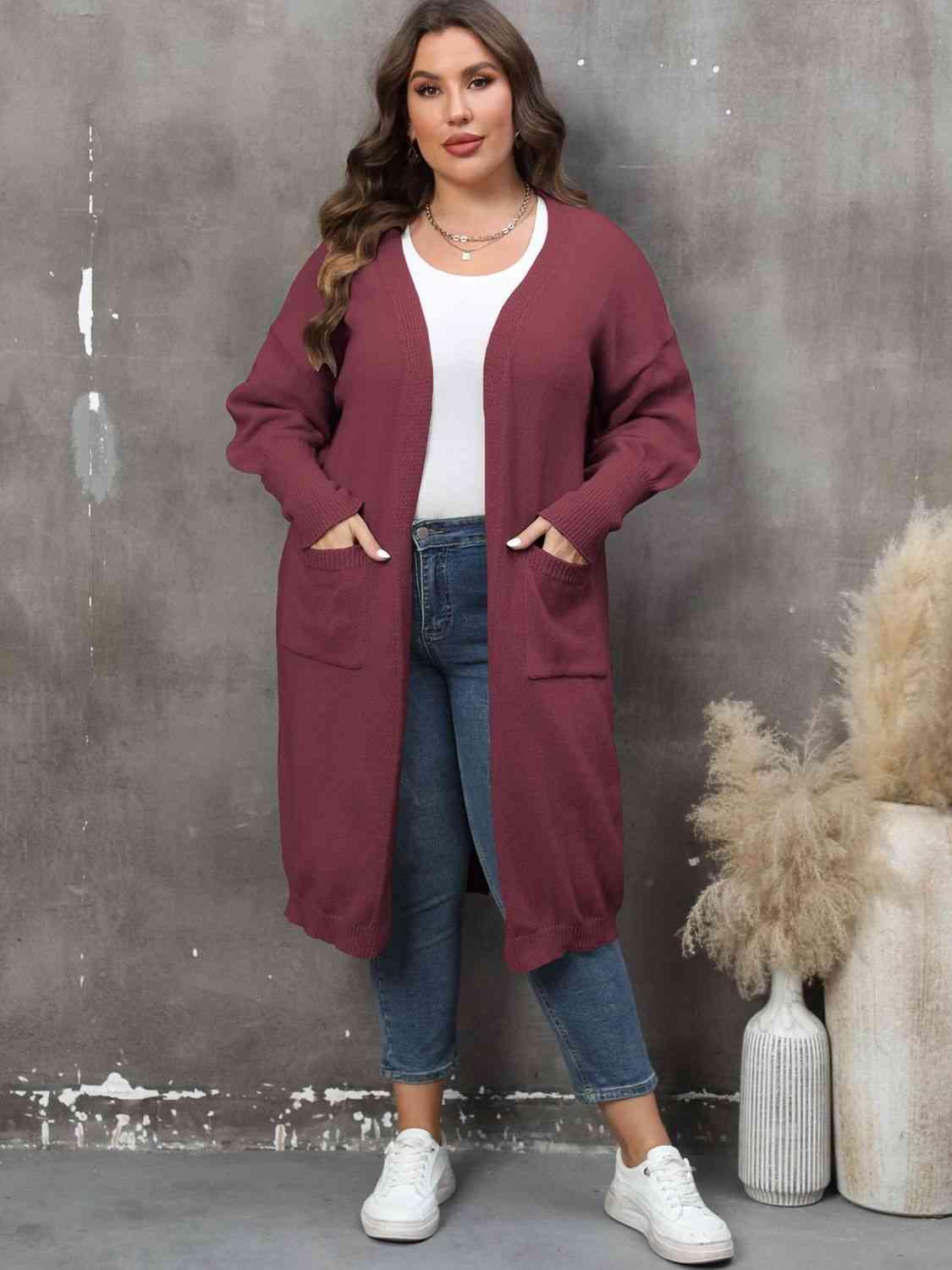 Plus Size Long Sleeve Pocketed Cardigan - Clothes For Her Online Store
