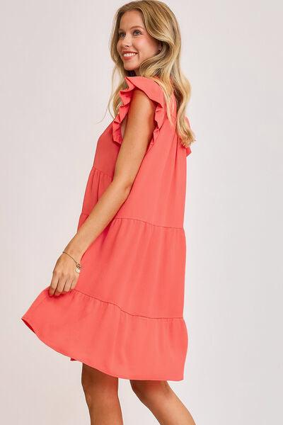 Umgee Full Size Johnny Collar Ruffle Cap Sleeve Tiered Dress Plus Size